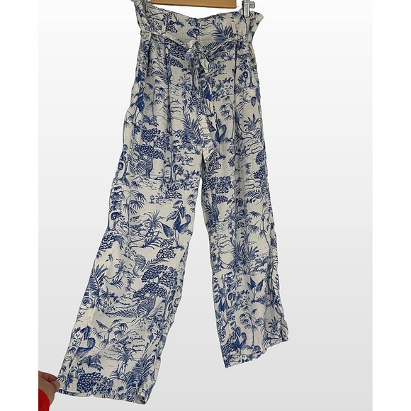 Nicole Miller New York Pants - Nicole Miller Linen Blend Wide Leg Pants Women L Blue Toile Coastal Beach Preppy
